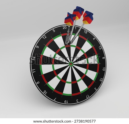A high quality 3D render of three darts with Romanian flag flights scoring a triple twenty