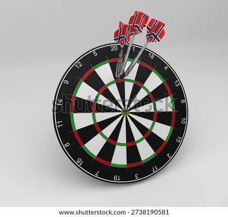 A high quality 3D render of three darts with Norwegian flag flights landed in the triple twenty