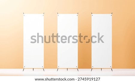A high quality 3D render of three White vertical X-banner mockup stands arranged in a row. Isolated on a Cantaloupe studio background