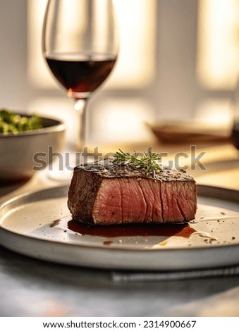 High quality close up of medium rare steak, creamy sauce