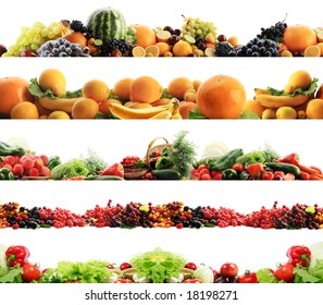 High quality collection of fruits and vegetables borders on a white background