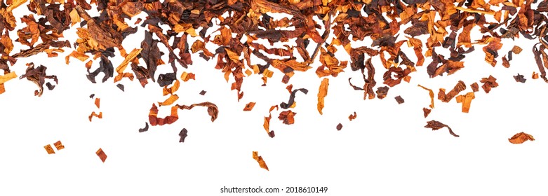 High quality dry cut tobacco big leaf on white background, close up. Tobacco dry slices, banner.