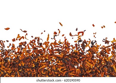 High quality dry cut tobacco big leaf on white background, close up. Tobacco frame