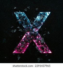 High quality photo of neon colored capital letter X on a black textured background with black stones.