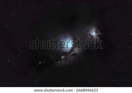 High reolution image of Messier 78 (NGC 2068), a reflection nebula in the Orion constellation with young stars, interstellar dust clouds and bright blue scattered starlight.