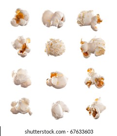 High res, clean macro image of a single piece of popcorn isolated on white. *Specificaly lit for easy compositing into a typical movie theatre scene*