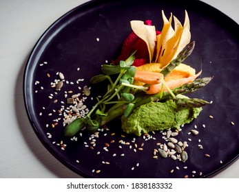 High Resolution Avocado Sorbet With A Flower Decoration And Seasoning, A Restaurants Dish, Close Up