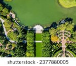 High resolution beautiful drone aerial panoramic image of the famous Chicago Botanical Gardens during a sunny beautiful day- USA