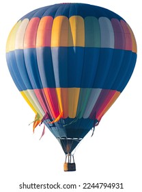 High resolution, blue, colorful, accurate hot air balloon with pennants isolated against a white background for easy compositing