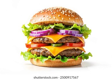 High resolution, digital capture of a big, fat, juicy double cheeseburger. Made with two 100% beef patties, two melty slices of cheese, lettuce, tomatoes, onion, and pickles, on a fresh sesame seed bu - Powered by Shutterstock