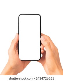 High resolution image capturing a pair of hands holding a modern smartphone with a blank white screen, isolated on a clean white background.