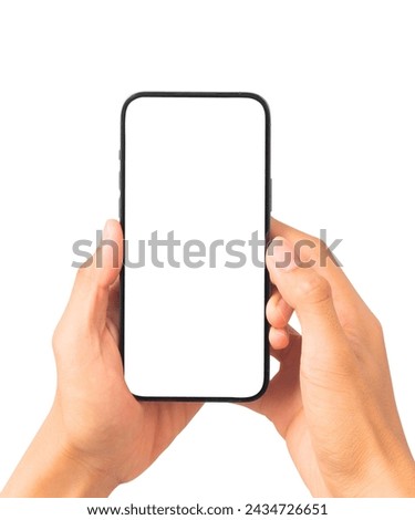 High resolution image capturing a pair of hands holding a modern smartphone with a blank white screen, isolated on a clean white background.
