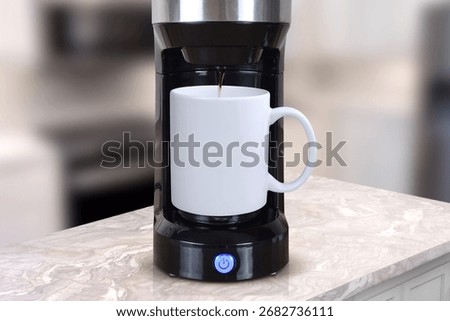 High resolution image of white coffee mug in kitchen coffee maker suitable for creative, commercial, and design use