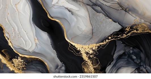 High resolution. Luxury abstract fluid art painting in alcohol ink technique, mixture of black, gray and gold paints. Imitation of marble stone cut, glowing golden veins. Tender and dreamy design. - Powered by Shutterstock