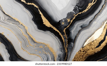 High resolution. Luxury abstract fluid art painting in alcohol ink technique, mixture of black, gray and gold paints. Imitation of marble stone cut, glowing golden veins. Tender and dreamy design. - Powered by Shutterstock