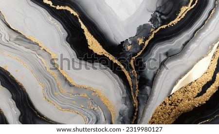 High resolution. Luxury abstract fluid art painting in alcohol ink technique, mixture of black, gray and gold paints. Imitation of marble stone cut, glowing golden veins. Tender and dreamy design.