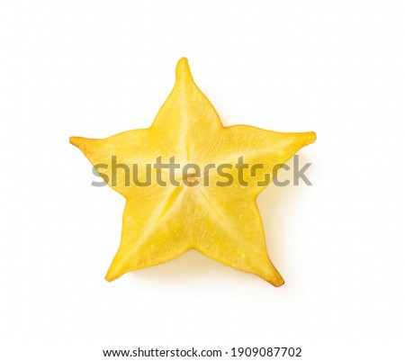 High resolution macro shot of ripe juicy carambola starfruit slice isolated on white background. Ready to eat vegetarian healthy eating. Slimming diet low calorie ingredient. Studio shot.