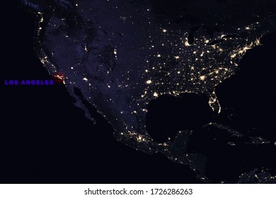 High Resolution Map Composition of USA at night pinpointing Los Angeles, California - Elements of this image furnished by NASA - Powered by Shutterstock