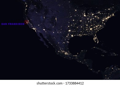 High Resolution Map Composition of USA at night pinpointing San Francisco, California - Elements of this image furnished by NASA - Powered by Shutterstock