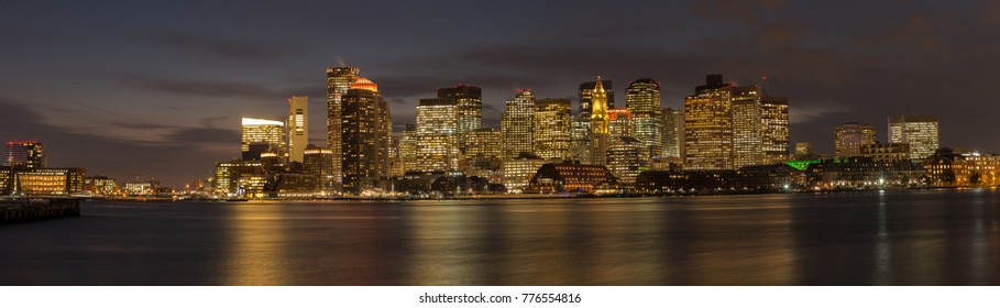 High Resolution Panorama of Boston Downtown Buildings at Night