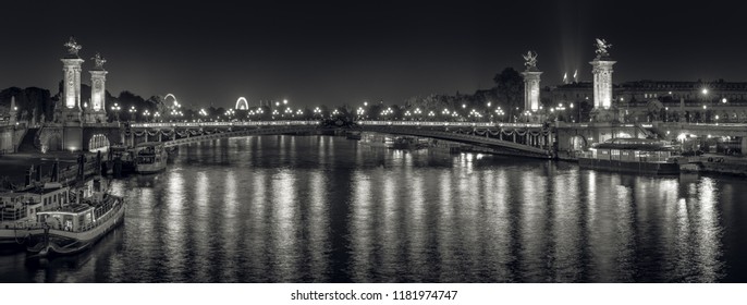 High Resolution Panorama Of Famous Alexander III Bridge, Paris, France At Night