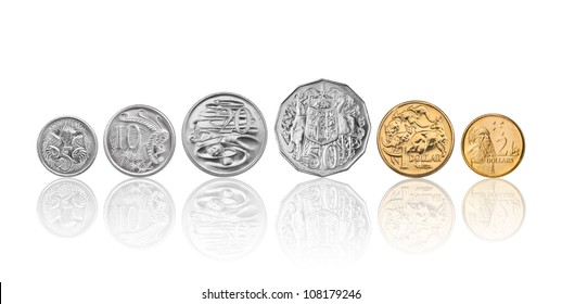 High resolution photo of Australian coins, 5 cent, 10 cents, 20 cents, 50 cents, 1 dollar, and 2 dollars