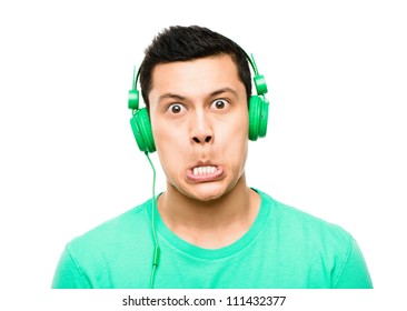 High Resolution Portrait Crazy Asian Man Pulling Funny Faces Wearing Headphones Isolated On Clean White Background