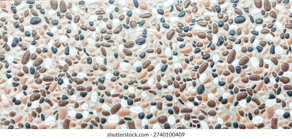 High Resolution Seamless Pattern of Natural Multicolored Pebble Wash Texture with Exposed River Stones for Architectural Surface Design. 