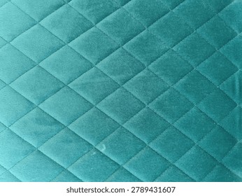 High Resolution Seamless PBR Texture of Teal Emerald Quilted Velvet, Diamond Pattern Tufted Velour Material Albedo Map for Luxury Bed Headboard and Interior Archviz 3D Asset Design
