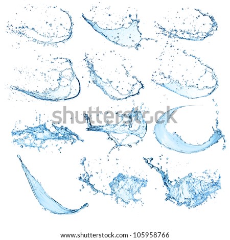 High resolution water splashes collection isolated on white background
