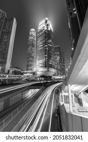 High Rise Modern Office Building In Downtown Of Hong Kong City At Night