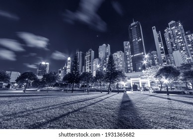 High Rise Office Building And Public Park In Downtown Of Hong Kong City At Night