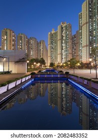 High Rise Residential Building And Park In Public Estate In Hong Kong At Night