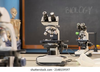 High School Biology Lab.Focus On Microscope