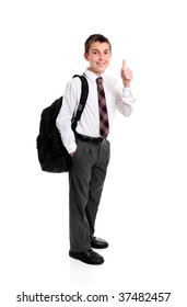 High School Boy Standing In Uniform Showing A Thumbs Up Hand Sign, Eg Success, Approval, Great, Etc...