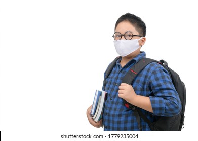 A High School Boy Student Wear Mask And Eye Glasses Carrying Schoolbag Isolated On White Background, Back To School New Normal Concept