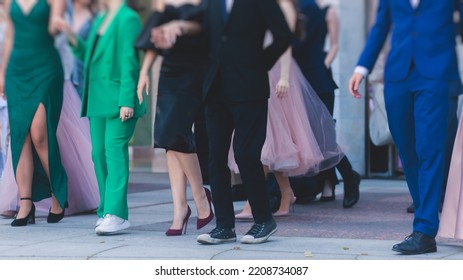 High school graduates dancing waltz and classical ball dance in dresses and suits on school prom graduation, classical ballroom dancers dancing, waltz, quadrille and polonaise - Shutterstock ID 2208734087
