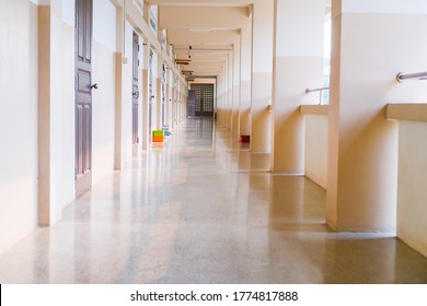 High School hallway corridor in College or university empty hall at classroom, no people student while closed quarantine in situation of Covid-19 disease outbreak result in inability organize learning
