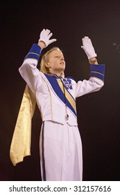 High School Marching Band Conductor Conducts Band For Football Game, Ojai, CA., USA 