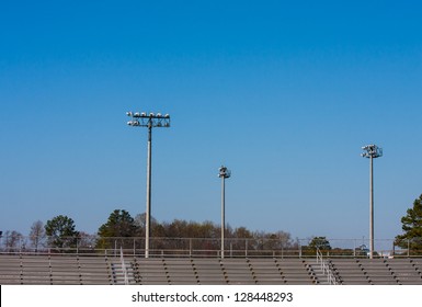 High School Metal Bleachers Overlooking The Track And Field