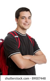 High School Student Wearing A Backpack Isolated On A White Background