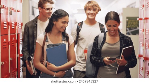 High school, students and friends group in hallway at education campus for learning, academic or cellphone. Boys, girls and books at lockers for teaching knowledge or scholarship, college or corridor - Powered by Shutterstock