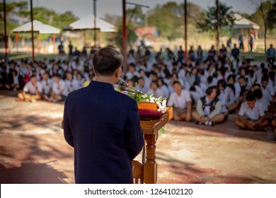 High School Students Get Lecture In The Hallway, Lecture By Principal, Thailand 3