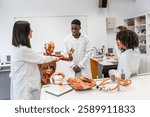 High school students learning human anatomy with anatomical model in a science laboratory