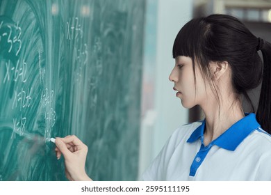High school students solving math problems on the blackboard in classroom during class