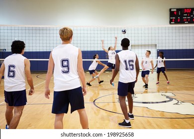 High School Volleyball Match In Gymnasium