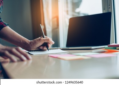 High School,college,university Student Using Computer Searching Information From Network.writing On Notebook In Modern Library Concept For Scholarship To Research International Education Learning