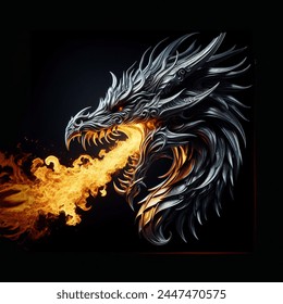 high shine metallic fantasy dragon head  breathing fire