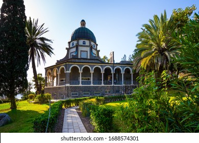 High shore of Lake Tiberias. The Catholic Church of the Beatitudes of the Franciscan monastery on Mount Bliss in the Galilee. Israel. The concept of religious pilgrimage, ethnographic, photo tourism