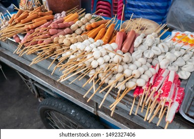 High Sodium Food. Meatballs And Sausages On Hawker Stall. Thai Street Food. 